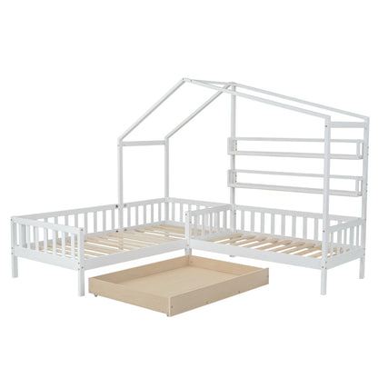 Kinderbett Hausbett mit Schubladen und Regalen, Massivholz mit Zaun und Lattenrost, L-Struktur, Weiß (90x200 cm+140x70cm)