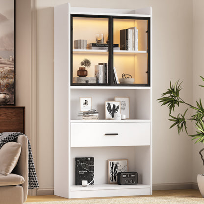 Curio Vitrine mit Licht, 16 Farben Licht, Sammlerstücke Schrank Display Regal, Bücherregal Vitrine für Wohnzimmer, weiß