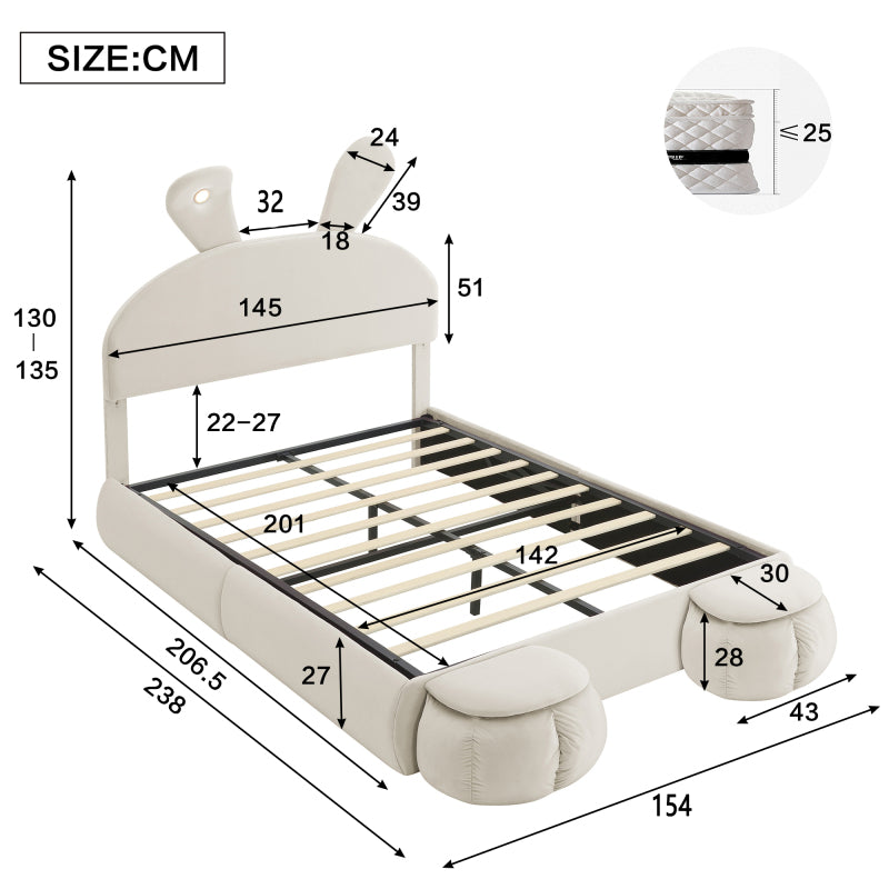 Polsterbett, Doppelbett, hydraulisches Bett, Hasenohren mit einstellbarer Helligkeit warmfarbenen Lichtstreifen, Stauraum unter dem Bett, zwei Aufbewahrungshockern, Samt, Beige, 140x200cm
