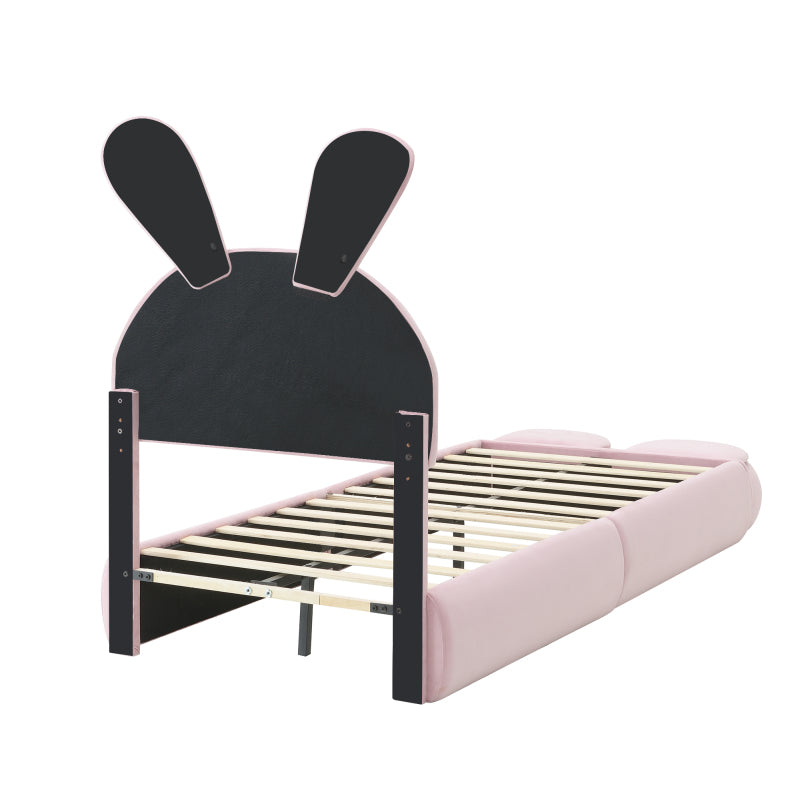 Polsterbett, Einzelbett, Hasenohren mit einstellbarer Helligkeit warmfarbenen Lichtstreifen, mit zwei Aufbewahrungshockern, Kinderbett mit Holzlatten, Samt, Rosa, 90x200cm