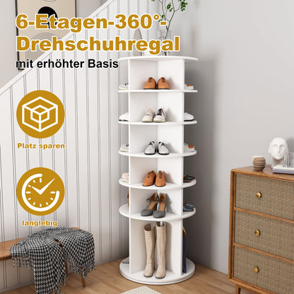 Drehbares Schuhregal 6 Etagen, 360°, Stiefelfach, 24 Paar, Weiß, 161 cm hoch