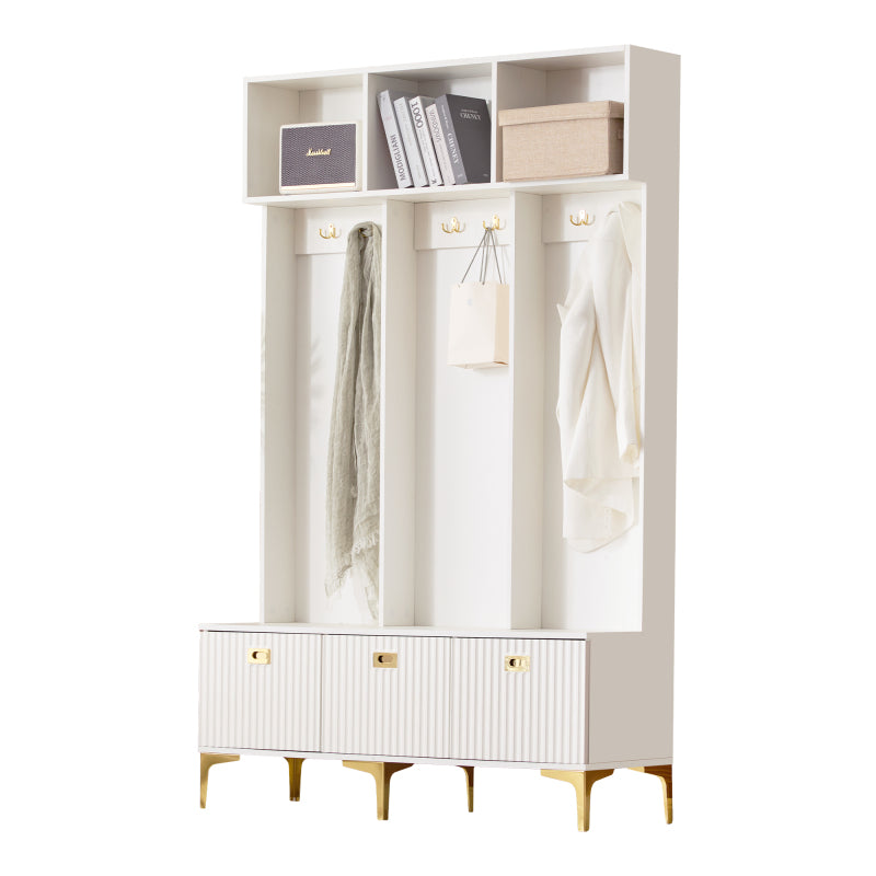 Garderobenset mit Bank, multifunktionale Aufbewahrungsbank, offene Aufbewahrung,6 goldene Haken und Füße, geeignet für Flur, Wohnzimmer, weiß, B120/D40/H191.5CM