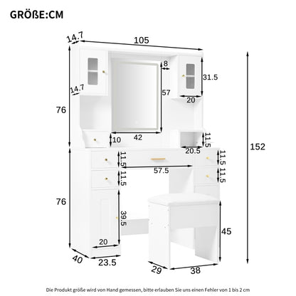 Große Schminktisch mit verstellbaren LED-Beleuchtung und Steckdosen, für das Schlafzimmer, Weiß