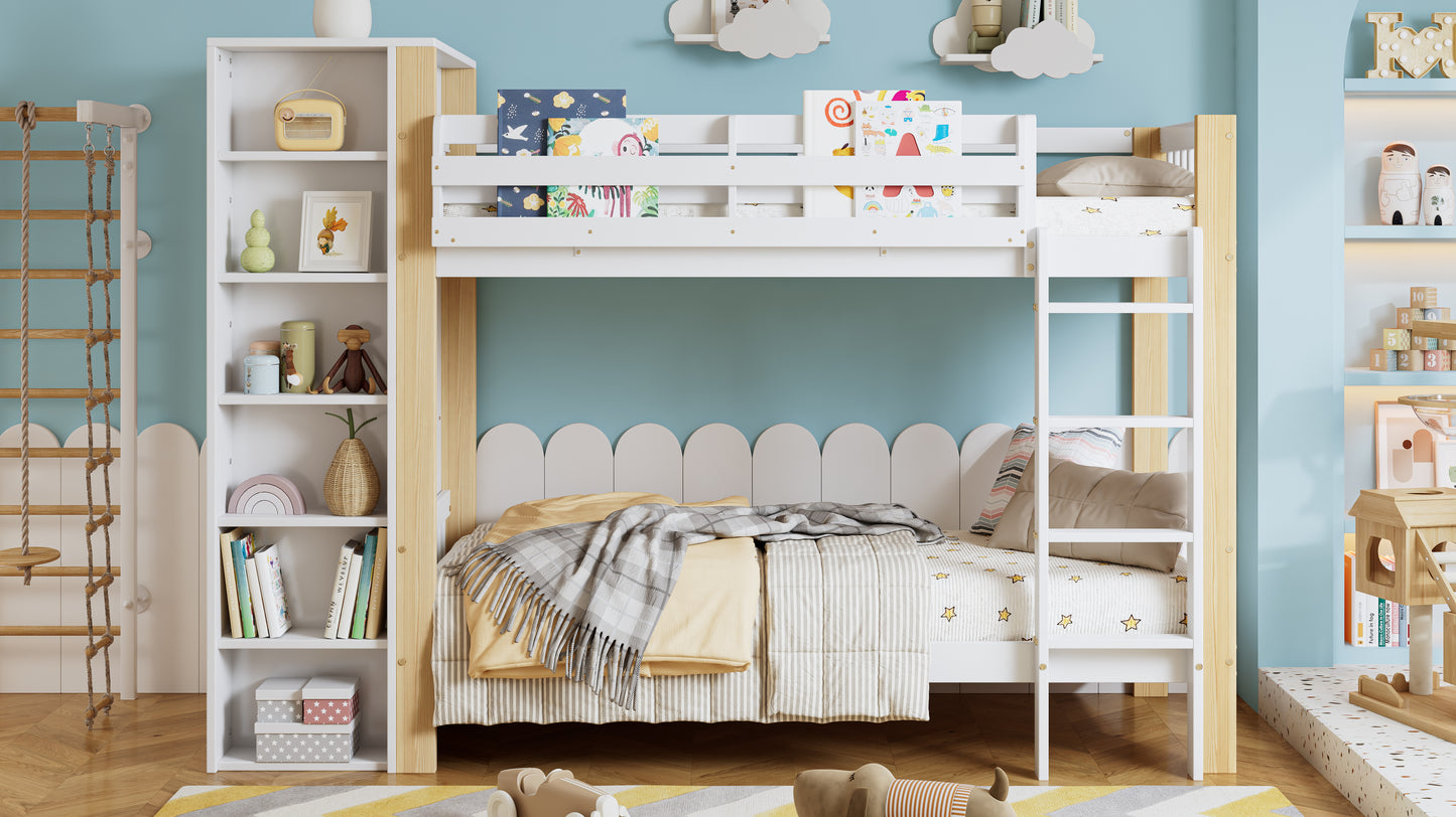 Etagenbett, Kinderbett mit Fallschutz und Gitter, mit 4-stufiger Leiter, 6 offenen Regalen, Kleiderschrank seitlich, Reichlich Stauraum,  Kiefer+PB, Weiß+Natur,  90x200cm