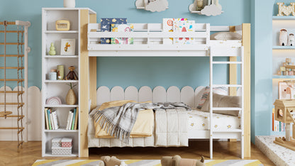 Etagenbett, Kinderbett mit Fallschutz und Gitter, mit 4-stufiger Leiter, 6 offenen Regalen, Kleiderschrank seitlich, Reichlich Stauraum,  Kiefer+PB, Weiß+Natur,  90x200cm