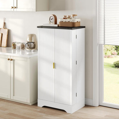 Hochschrank Weiß 120 cm, Buffetschrank mit LED-Sensorlicht, Anrichte mit Gerillten Türen & Türablagen, Goldgriffe