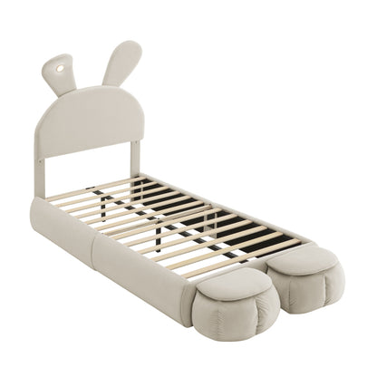 Polsterbett, Einzelbett, Hasenohren mit einstellbarer Helligkeit warmfarbenen Lichtstreifen, mit zwei Aufbewahrungshockern, Kinderbett mit Holzlatten, Samt, Beige, 90x200cm