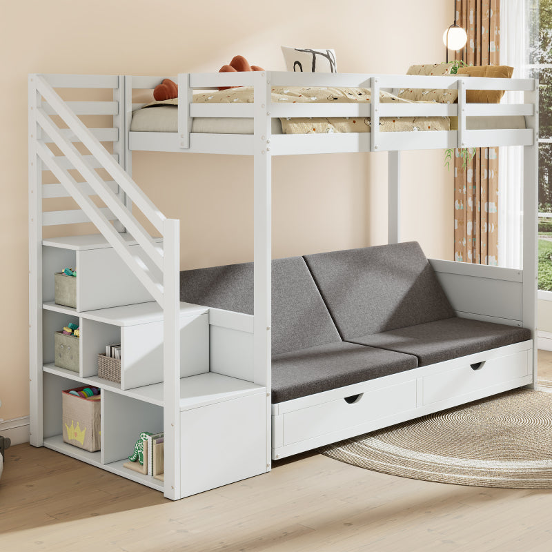 Kinder-Etagenbett, Doppelbett, multifunktionales Kinderbett,Mit Treppenschrank und 2 Schubladen, ohne Matratze, Die untere Ebene als Bett oder Sofa genutzt und enthält Kissen , weiß, 90*200
