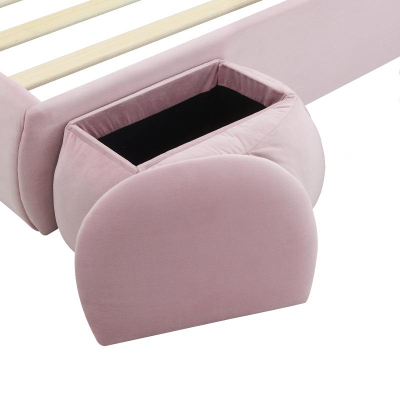 Polsterbett, Doppelbett, hydraulisches Bett, Hasenohren mit einstellbarer Helligkeit warmfarbenen Lichtstreifen, Stauraum unter dem Bett, zwei Aufbewahrungshockern, Samt, Rosa, 140x200cm