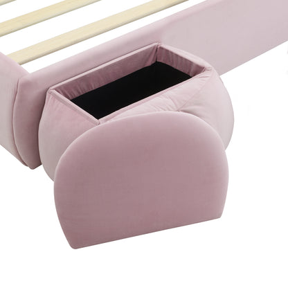 Polsterbett, Doppelbett, hydraulisches Bett, Hasenohren mit einstellbarer Helligkeit warmfarbenen Lichtstreifen, Stauraum unter dem Bett, zwei Aufbewahrungshockern, Samt, Rosa, 140x200cm