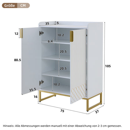 Moderner weißer Schuhschrank mit goldenen Metallbeinen, Aufbewahrungsschrank mit goldfarbenen Schranktüren, 75*37*105CM.