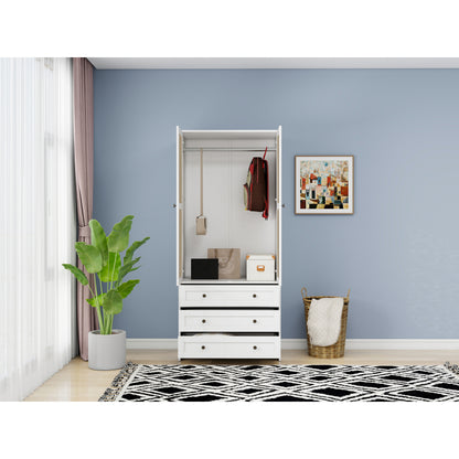 Weißer Aufbewahrungsschrank mit Schnitzmuster – Boho-Garderobenschrank mit Rattangeflecht, 3 Schubladen und Kleiderstange aus Aluminiumlegierung – ideal für Wohnzimmer, Schlafzimmer, Büro oder Arbeits