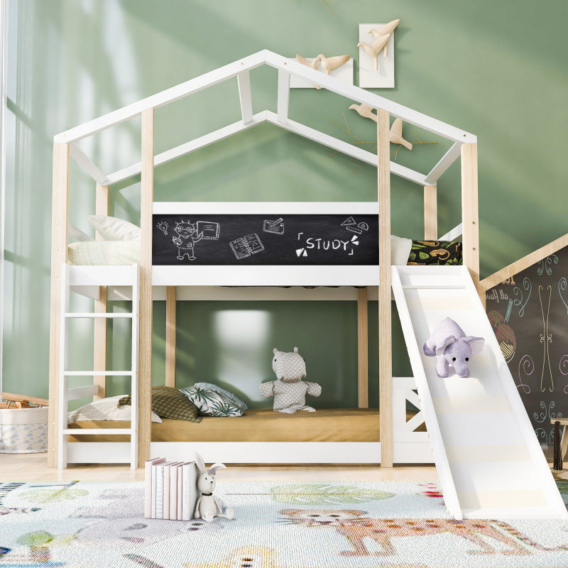 Kinderbett Baumhaus mit Rutsche & Leiter 90 x 200 cm, Hochbett für Kinder– 2x Lattenrost- Natur & Weiß