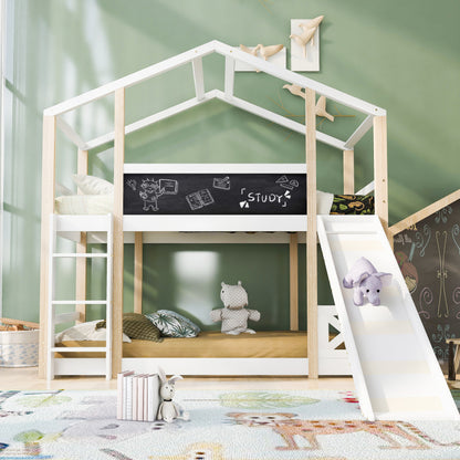 Kinderbett Baumhaus mit Rutsche & Leiter 90 x 200 cm, Hochbett für Kinder– 2x Lattenrost- Natur & Weiß