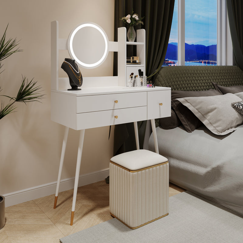 Schminktisch(Ohne Stühle), mit Spiegel einstellbare Helligkeit, mit 3 Schubladen, luxuriöses vergoldetes Zubehör, High-End Schminktisch mit mehreren Stauräumen, Weiß