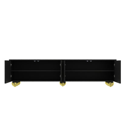 TV-Schrank, lowboard mit strukturierten Türen, goldenen Verzierungen, goldenen runden Beinen, inklusive Einlegeböden, push-to-open