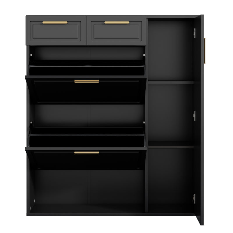 Moderne Schuhschrank, mit verstellbaren Regalen, goldenen Griffen, Schubladen, Klappschuhschrank und Türen,  Schwarz, B95/D24/H107