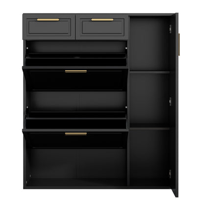Moderne Schuhschrank, mit verstellbaren Regalen, goldenen Griffen, Schubladen, Klappschuhschrank und Türen,  Schwarz, B95/D24/H107