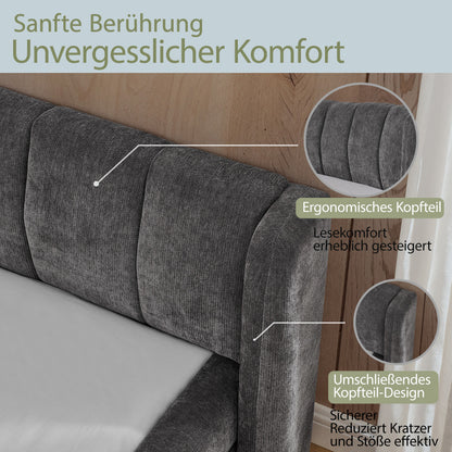 Doppelbett 160×200cm, Chenillestoff, komfortable Rückenlehne, robustes Eukalyptus- und Eisengestell, einfach zu montieren, Dark Gray (ohne Matratze)