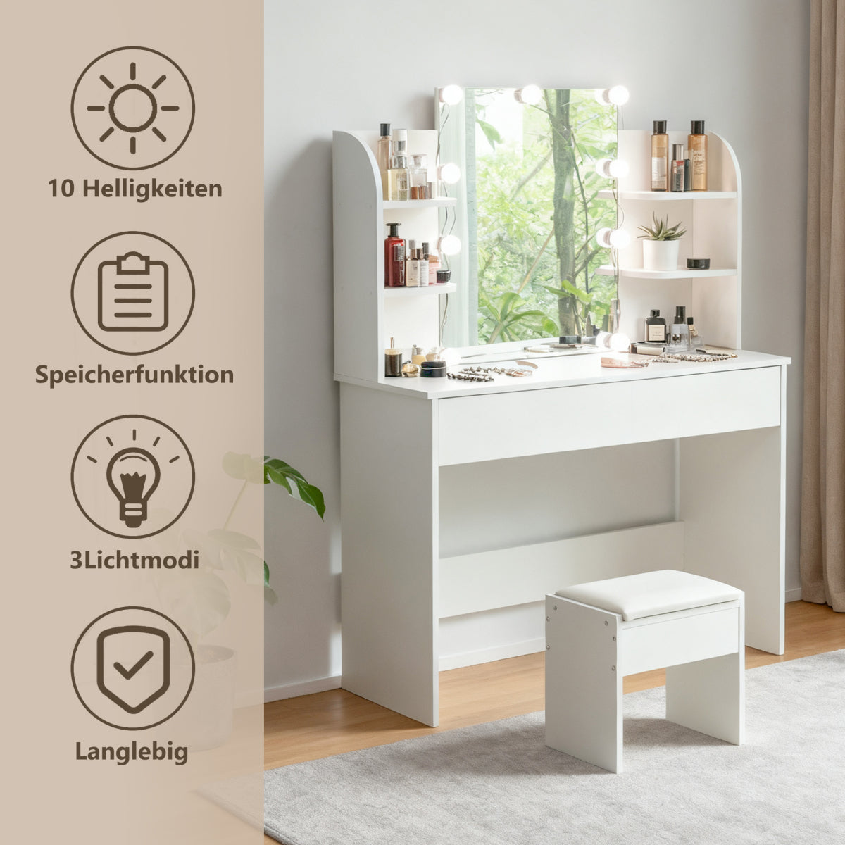 Schminktisch Frisiertisch Kosmetiktisch mit Hocker LED-Beleuchtung Spiegel Weiß
