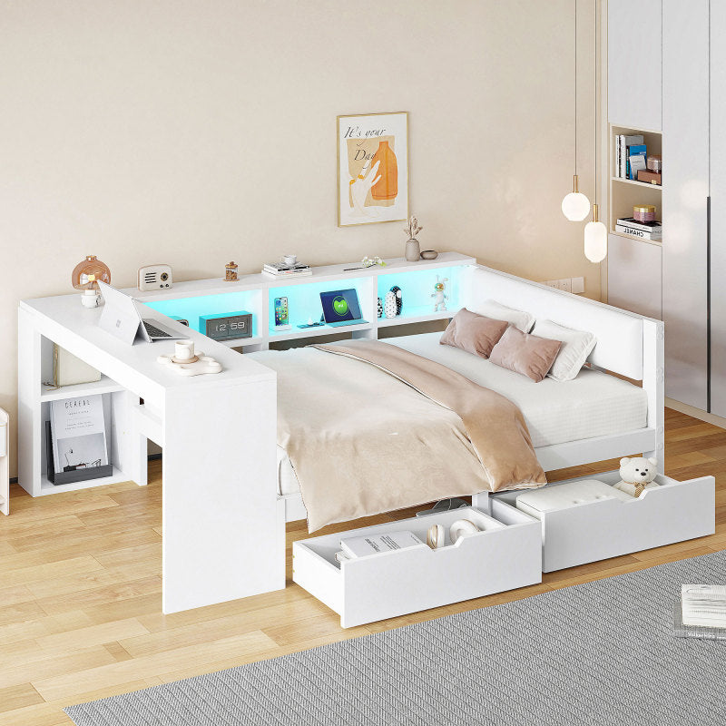 140x200 Holz-Plattformbett mit Ablageflächen, Schubladen, Ladestation und gepolstertem Kopfteil, Mit bunten LED-Leuchten, Weiß