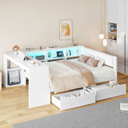 140x200 Holz-Plattformbett mit Ablageflächen, Schubladen, Ladestation und gepolstertem Kopfteil, Mit bunten LED-Leuchten, Weiß