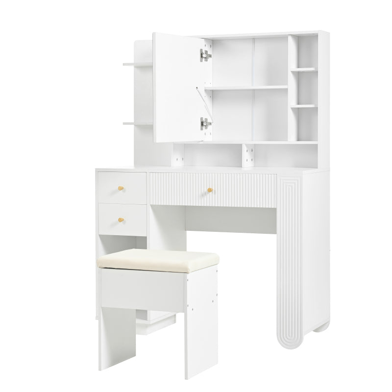 Beleuchteter Schminktisch mit Spiegel & Hocker – Moderner Frisiertisch mit Einstellbarer Helligkeit, Schubladen & Offener Ablage, Weiß, 100×40×138 cm
