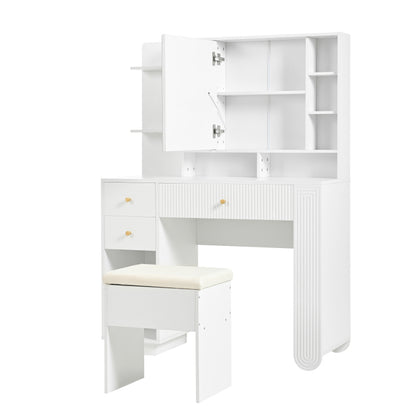 Beleuchteter Schminktisch mit Spiegel & Hocker – Moderner Frisiertisch mit Einstellbarer Helligkeit, Schubladen & Offener Ablage, Weiß, 100×40×138 cm