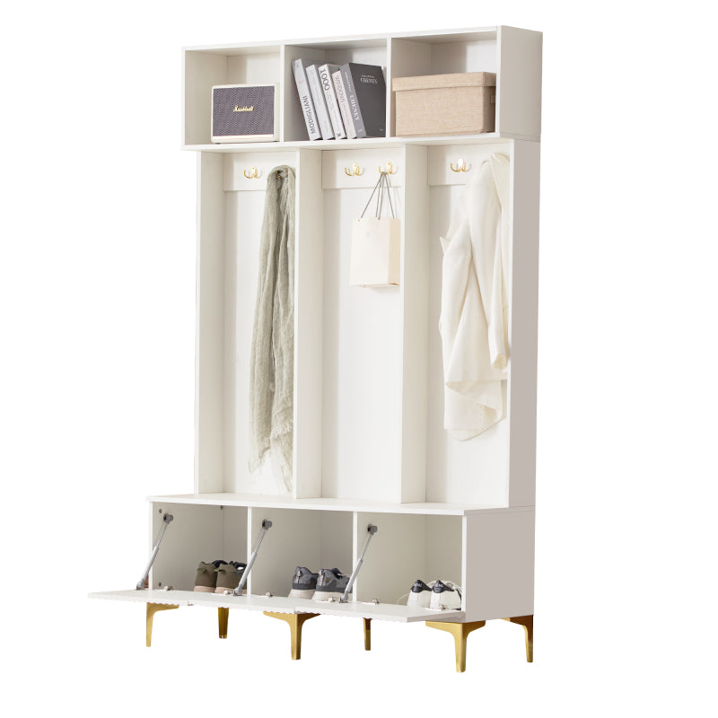 Garderobenset mit Bank, multifunktionale Aufbewahrungsbank, offene Aufbewahrung,6 goldene Haken und Füße, geeignet für Flur, Wohnzimmer, weiß, B120/D40/H191.5CM