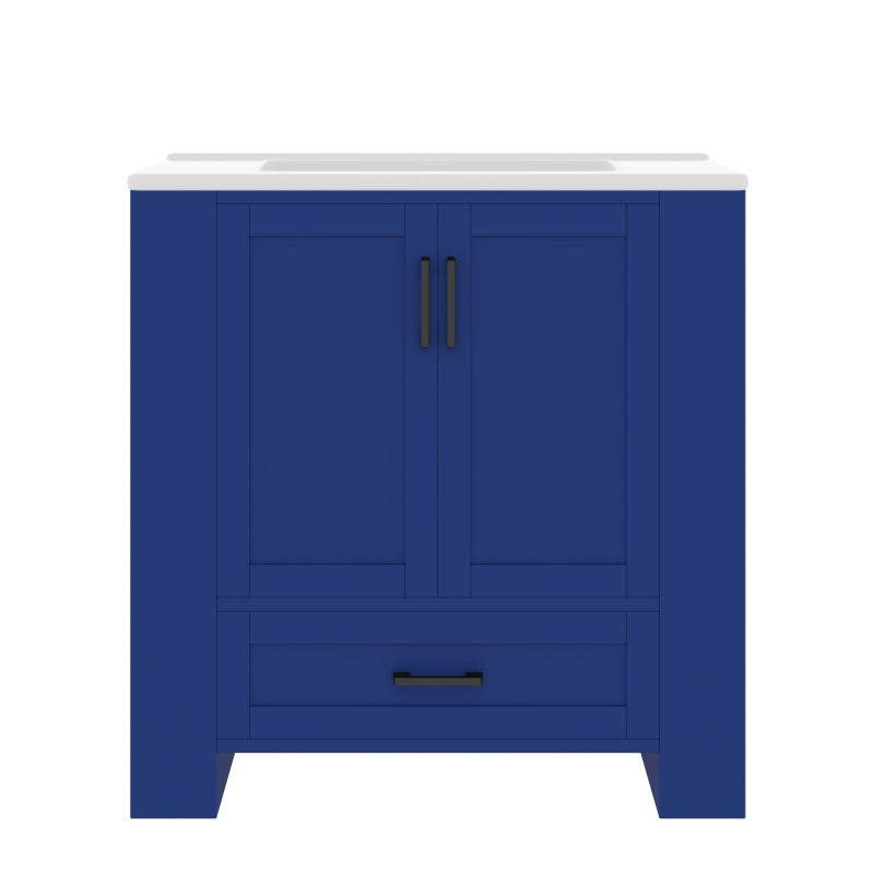 76 x 46 x 78.5cm Bodenstehender Badezimmerschrank, Waschtisch,komplett lackiert, Doppeltürregale, geräuschlose Schubladen, Regale auf beiden Seiten, integriertes Keramikwaschbecken, blau