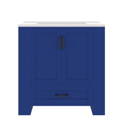 76 x 46 x 78.5cm Bodenstehender Badezimmerschrank, Waschtisch,komplett lackiert, Doppeltürregale, geräuschlose Schubladen, Regale auf beiden Seiten, integriertes Keramikwaschbecken, blau