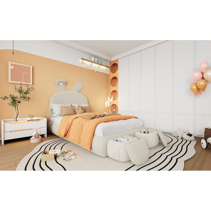 Polsterbett, Einzelbett, Hasenohren mit einstellbarer Helligkeit warmfarbenen Lichtstreifen, mit zwei Aufbewahrungshockern, Kinderbett mit Holzlatten, Samt, Beige, 90x200cm