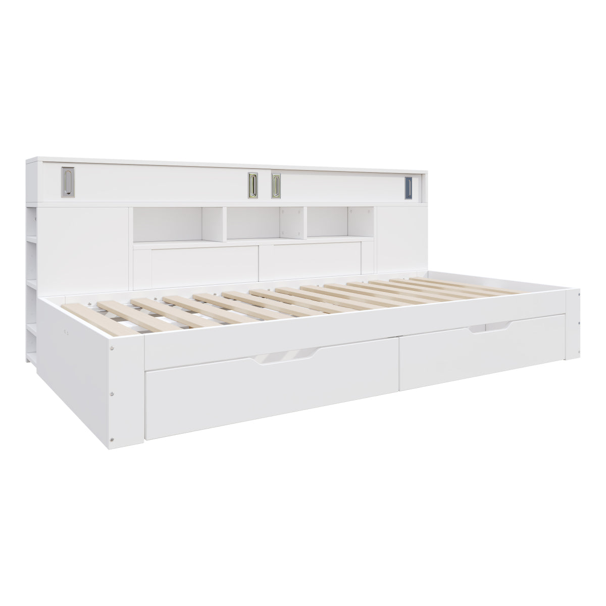 Multifunktionales Stauraumbett 90x190 cm - Daybed mit 2 Schubladen, Schiebetüren & Regalen - Stabiles Funktionsbett aus MDF bis 200kg - Weiß