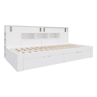 Multifunktionales Stauraumbett 90x190 cm - Daybed mit 2 Schubladen, Schiebetüren & Regalen - Stabiles Funktionsbett aus MDF bis 200kg - Weiß