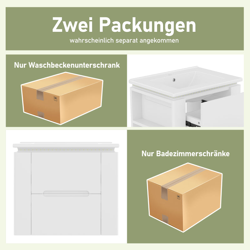 60x46x48.5cm wandhängend Badezimmerschränk, komplett lackiert, LED-Radarsensor-Beleuchtung, zwei Schubladen, leise Gleitschienen, Zwei seitliche Ablagen, Waschtisch, integriertes Waschbecken, weiß