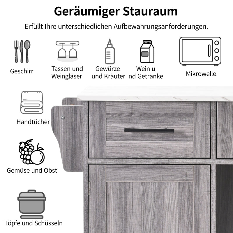 139x46(71)x91.5 cm großer Servierwagen/Beistellschrank, graues Massivholz-Furnier für den Korpus + weiße Marmor-Furnierdekoration für die Arbeitsplatte, Schrank/klappbare Arbeitsfläche/Stauraumtüren/r