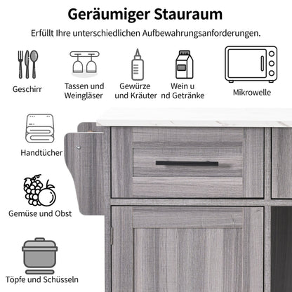 139x46(71)x91.5 cm großer Servierwagen/Beistellschrank, graues Massivholz-Furnier für den Korpus + weiße Marmor-Furnierdekoration für die Arbeitsplatte, Schrank/klappbare Arbeitsfläche/Stauraumtüren/r