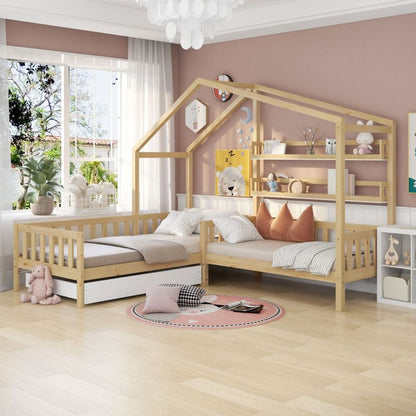 Kinderbett Hausbett mit Schubladen und Regalen, Massivholz mit Zaun und Lattenrost, L-Struktur, Natur (90x200 cm+140x70cm)