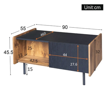 90 cm Schwarze und Holzfarbene Couchtisch – Moderner Stil, Zwei Offene Fächer und Zwei Türen, Dämpfende Scharniere