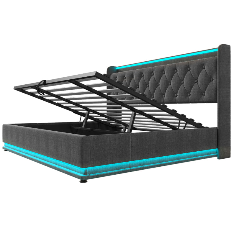 Polsterbett Doppelbett, 360-Surround-LED-Funktion, Drucktaste/App/Fernbedienung,180*200 cm,Grau Leinen-Material Hydraulisches Lagerbett, gepolstertes Kopfteil mit USB Typ-C Ladefunktion(Ohne Matratze)
