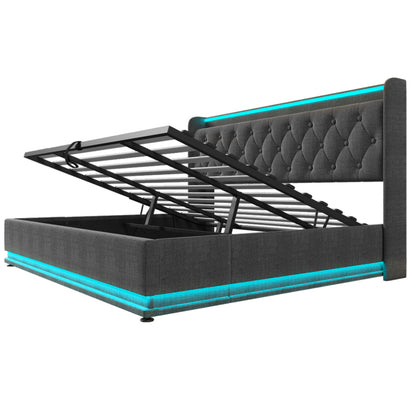 Polsterbett Doppelbett, 360-Surround-LED-Funktion, Drucktaste/App/Fernbedienung,180*200 cm,Grau Leinen-Material Hydraulisches Lagerbett, gepolstertes Kopfteil mit USB Typ-C Ladefunktion(Ohne Matratze)