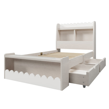 Kinderbett Einzelbett Stauraumbett mit Schubladen, Regal und Sitzbank mit Stauraum, Holzbett 90x200 cm, Weiß mit Eichefarben (Ohne Matratze)