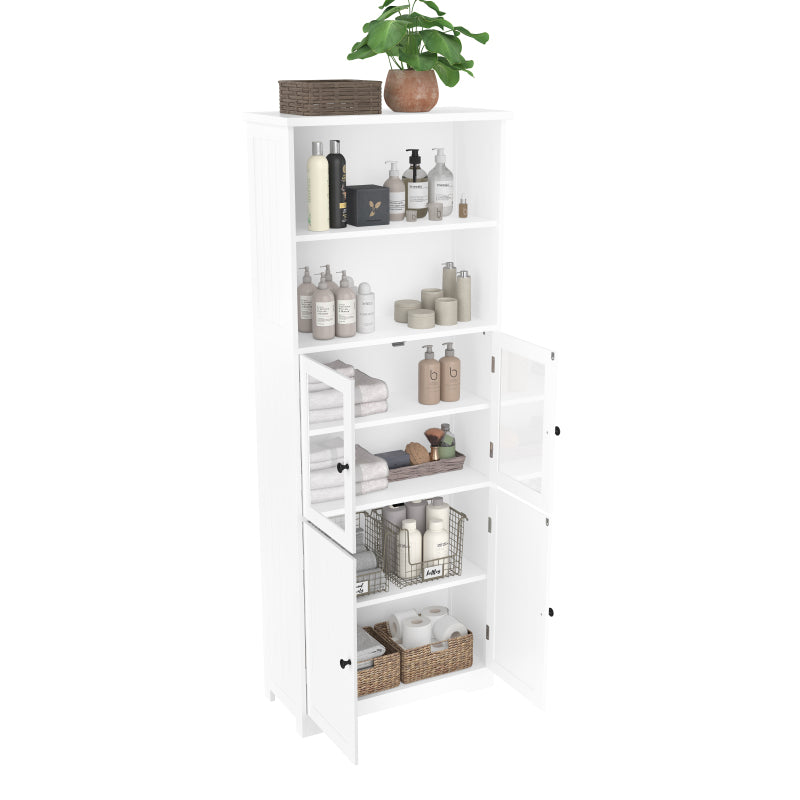 57.5 x 28.5 x 160cm Badezimmer-Hochschrank mit Stauraum, feuchtigkeitsbeständige Farbe, Glasschranktür, Holzschranktür, zwei offene Ablagefächer, verstellbare Trennwände, einfache Textur, weiß