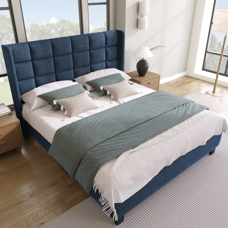 Polsterbett Mit seinem gepolstertes Kopfteil Einzelbett mit Lattenrost, 90x200cm ,in Blau Leinen,  mittelfest  (Mit Federkernmatratze)
