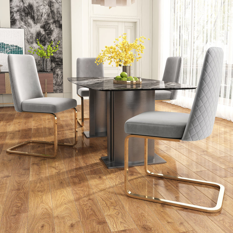Samt-Esszimmerstuhl, 2er-Set, Lounge-Sessel, Diamant-Rücken-Design, mit goldfarbenen Metall-Stützbeinen, Grau