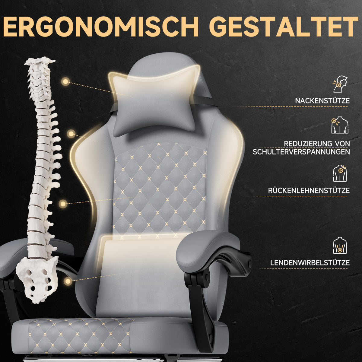 Gaming Stuhl mit Massage, Fußstütze, PVC-Leder, 150 kg Belastbar, Ergonomisch, Grau