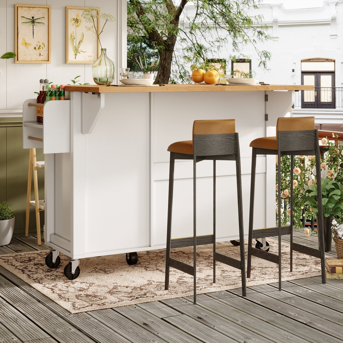 Kücheninsel mit Rollen & klappbarer Arbeitsplatte, Küchenwagen mit 3 Türen & Schublade, Sideboard inkl. Gewürzregal & Handtuchhalter, 99cm