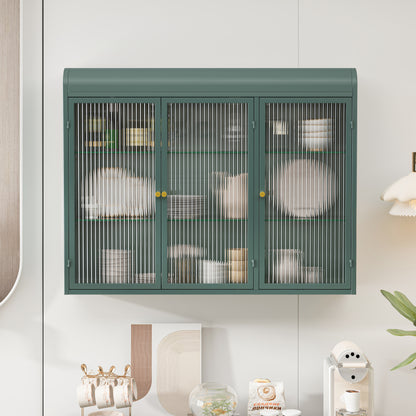 3 Door Arched Wall Mounted Glass Cabinets for Kitchen, Living Room and Bathroom(Dark green)
