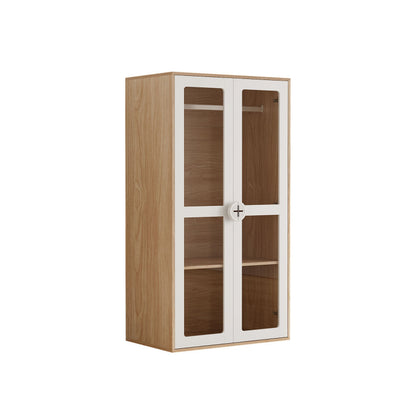 Kinder Kleiderschrank, zweitüriger Glastür-Schrank mit Kleiderstange und verschiebbaren Regalen, Keks-Form-Holzgriffen, weiß+natürliches Holz