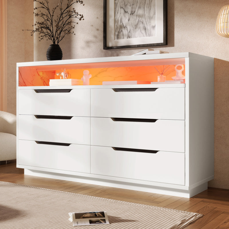Sideboard, Kommode mit LED-Beleuchtung und 6 Schubladen, Staufach mit Marmorkorn, Moderner Schrank für Wohnzimmer und Schlafzimmer, 120x40x85cm, Weiß